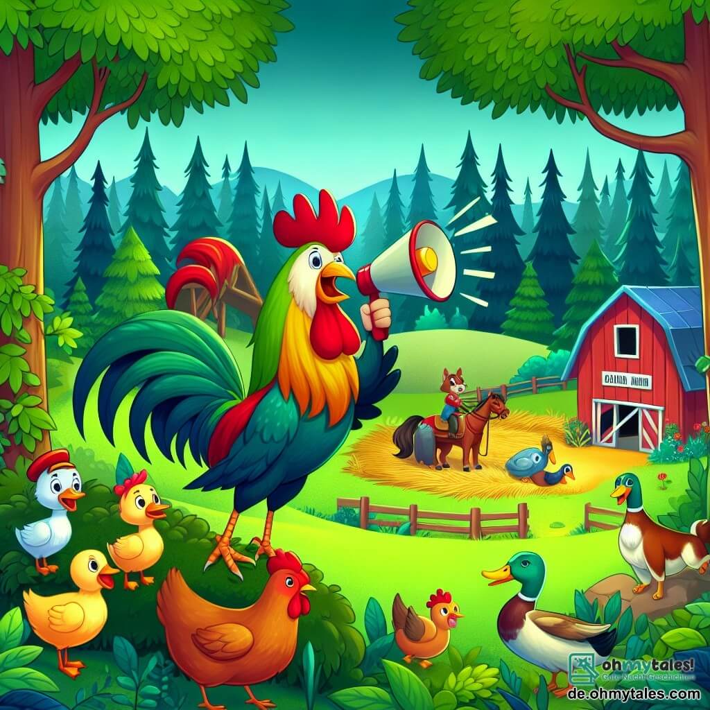Une illustration destinée aux enfants représentant un coq fier et coloré, alertant les autres animaux d'un incendie dans la forêt, avec une cane déterminée et un chien courageux, dans un petit ferme entourée de champs verdoyants et d'un bois mystérieux.