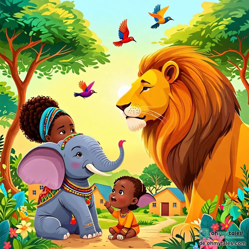 Une illustration sous forme de dessin destinée aux enfants représentant un village africain ensoleillé avec des maisons colorées et des arbres verdoyants, au centre une femme sage au sourire chaleureux, portant une robe vibrante et des bijoux traditionnels, discutant avec un petit éléphant gris aux grandes oreilles, qui pleure doucement, tandis qu'un lion majestueux, avec une crinière dorée, les écoute attentivement, illustrant le moment où la femme essaie de résoudre le conflit entre le lion affamé et l'éléphant triste, entourés de fleurs éclatantes et d'oiseaux colorés qui volent dans le ciel.