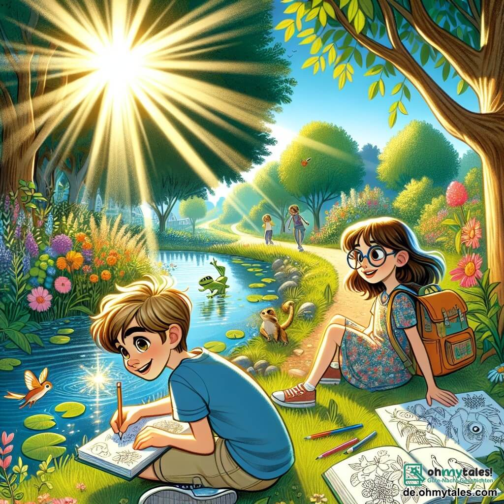 Illustration eines friedlichen, sonnigen Parks mit einem kleinen Teich, dessen Wasser unter den Sonnenstrahlen glitzert. Bunte Blumen säumen den Weg, und üppige Bäume spenden Schatten. Im Vordergrund sitzt ein 11-jähriger Junge mit kastanienbraunen Haaren und funkelnden Augen auf dem Gras, hält ein Notizbuch und einen Bleistift. Er trägt ein blaues T-Shirt und beiges Shorts und zeigt einen konzentrierten Ausdruck, während er Tiere und Pflanzen zeichnet. Neben ihm beobachtet ein 11-jähriges Mädchen mit langen braunen Haaren und runden Brillen aufmerksam eine kleine Gruppe von Fröschen am Teich. Sie trägt ein Blumenkleid und einen Rucksack voller Zeichenmaterialien. Die Szene zeigt die beiden Freunde, die sich lebhaft über die Bedeutung des Naturschutzes unterhalten, umgeben von Zeichnungen ihrer Ideen zum Klimawandel, wie Solarpanels und Bäume, die gepflanzt werden sollen. Vögel fliegen am blauen Himmel und verleihen dieser fröhlichen und inspirierenden Illustration Leben.