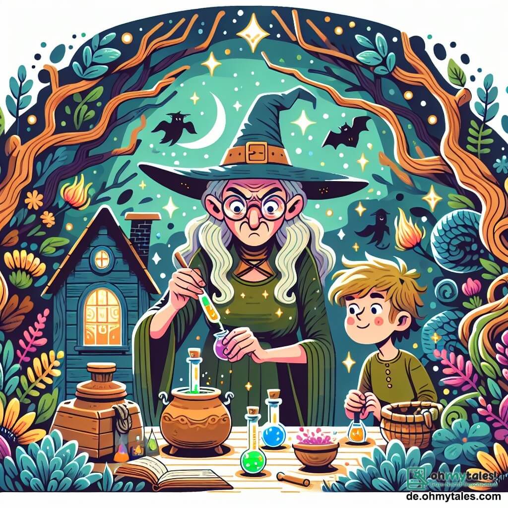 Une illustration destinée aux enfants représentant une sorcière excentrique préparant des potions magiques, accompagnée d'un jeune garçon curieux, dans une petite maison colorée au milieu d'une forêt enchantée aux arbres tordus et aux fleurs lumineuses.