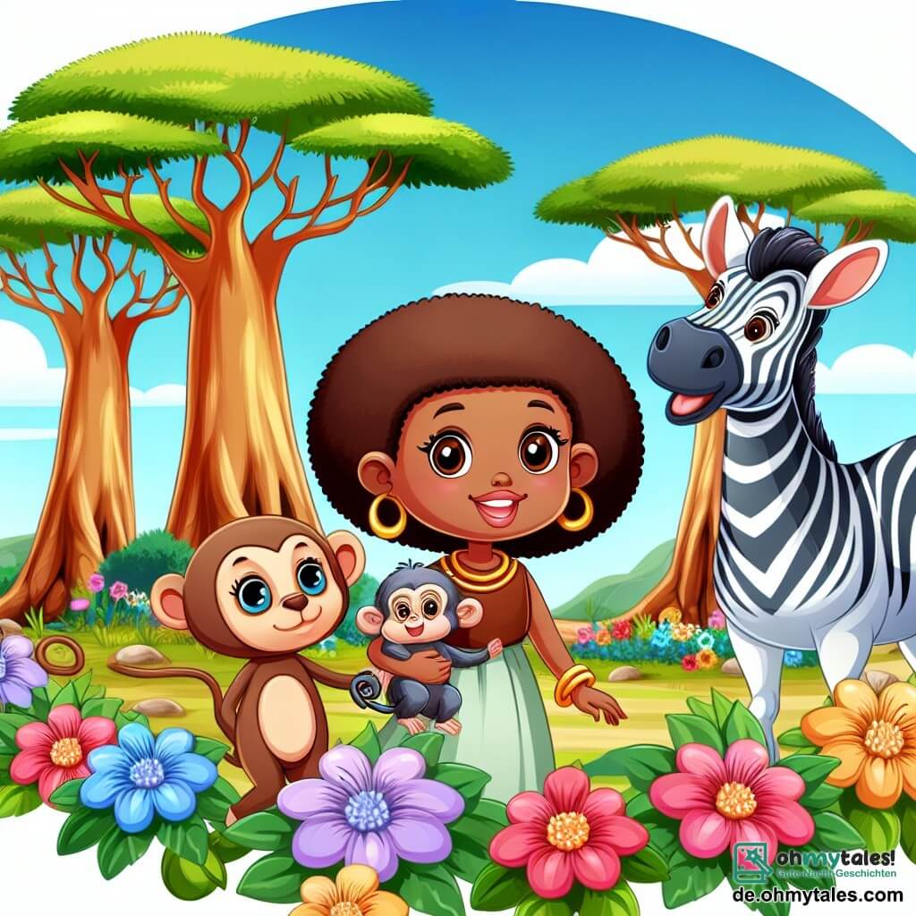 Une illustration destinée aux enfants représentant une jeune femme au cœur pur, accompagnée d'un petit singe espiègle et d'un zèbre majestueux, dans un village africain entouré de baobabs centenaires et de fleurs colorées, symbolisant la beauté de la nature et l'harmonie entre l'homme et son environnement.