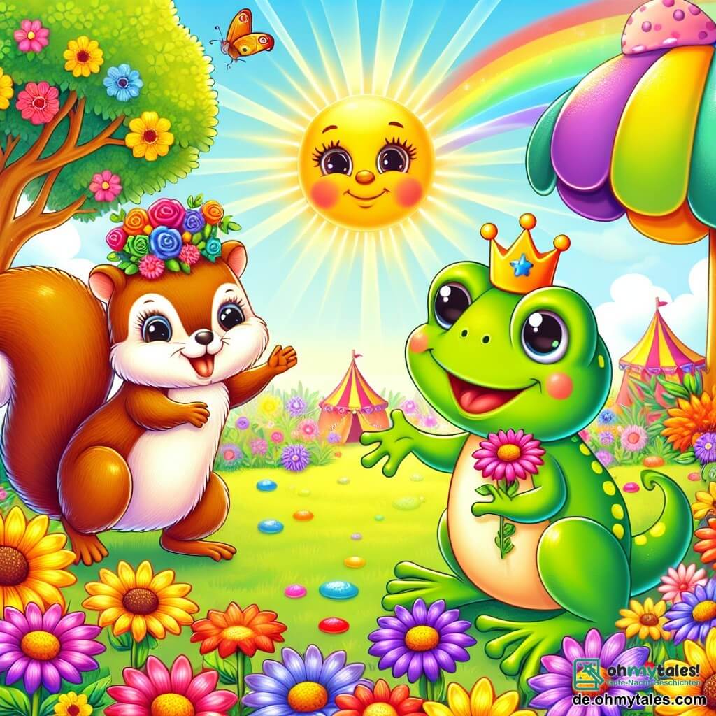 Une illustration destinée aux enfants représentant une petite grenouille malicieuse, un écureuil facétieux et un champ de fleurs multicolores baigné par le soleil, où se déroule une fête enchantée.