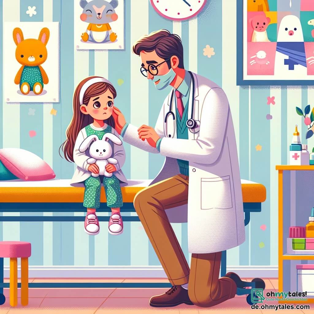 Illustration einer Szene in einer hellen und einladenden Kinderklinik mit Wänden in Pastellfarben und fröhlichen Tierzeichnungen. In der Mitte kniet ein Mann in den Vierzigern in einem weißen Arztkittel mit Brille und einem warmen Lächeln neben einem etwa 8-jährigen Mädchen mit langen braunen Haaren, das einen Kaninchen-Stofftier hält. Der Mann untersucht das Mädchen aufmerksam und spricht sanft mit ihr, um sie zu beruhigen. Das Mädchen sitzt auf der Untersuchungsliege und hat einen besorgten, aber neugierigen Blick, während ein buntes Poster von medizinischen Superhelden an der Wand hinter ihnen hängt. Auf dem Tisch daneben sorgen Plastikspielzeuge und Bilderbücher für eine spielerische Note in der Umgebung. Die Atmosphäre ist warm und voller Hoffnung und zeigt einen Moment des Trostes und der Fürsorge.