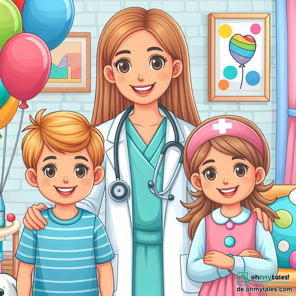 Une illustration destinée aux enfants représentant une femme médecin souriante, accompagnée d'un garçon courageux et d'une fille imaginative, dans une charmante clinique colorée décorée de ballons et de dessins joyeux.