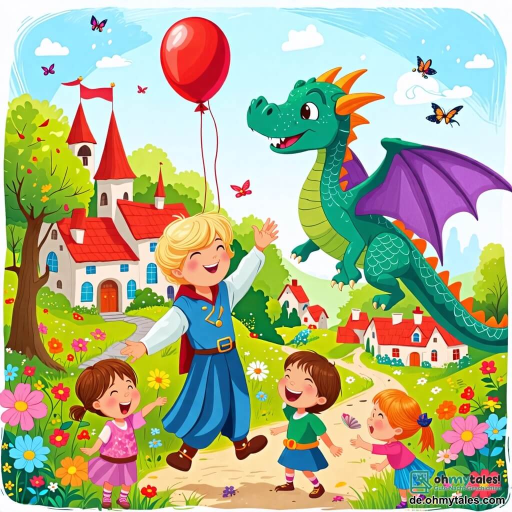 Une illustration sous forme de dessin destinée aux enfants représentant un village coloré et enchanté avec des maisons aux toits en pente et des fleurs éclatantes, où un prince courageux aux cheveux blonds et à la tunique bleue sourit joyeusement en tenant un ballon rouge, tandis qu'un dragon amusant aux écailles vertes et aux ailes violettes, qui fait des grimaces, s'amuse avec des enfants rieurs, tous entourés de rires et de magie, illustrant un moment de joie et d'amitié dans un royaume féerique.