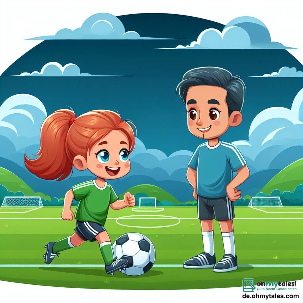 Une illustration destinée aux enfants représentant une jeune footballeuse passionnée par son sport, accompagnée de son coach bienveillant, s'entraînant sur un magnifique terrain de football entouré de verdoyantes collines sous un ciel bleu azur.