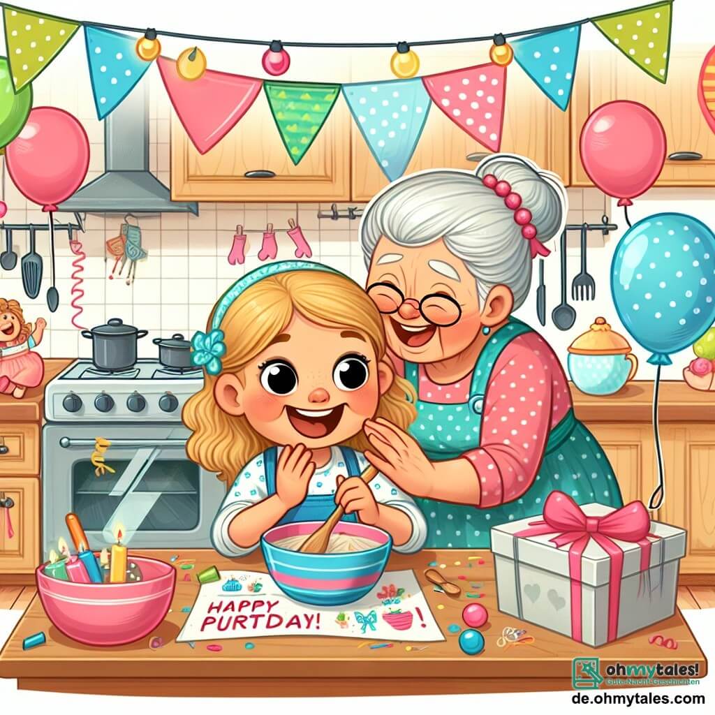 Une illustration destinée aux enfants représentant une fillette pleine d'enthousiasme préparant une fête surprise pour sa maman, avec l'aide complice de sa grand-mère, dans une cuisine colorée et joyeusement décorée de ballons et de guirlandes.