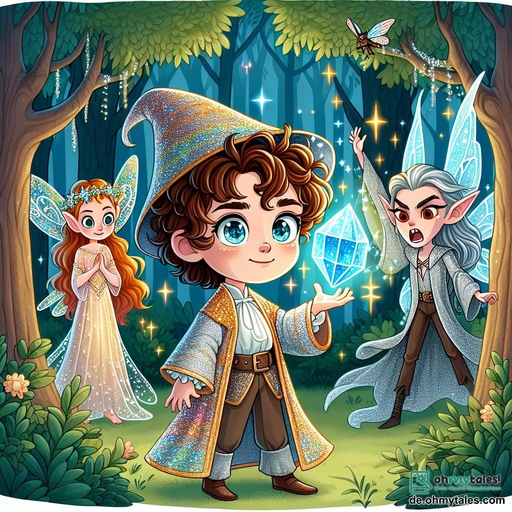 Une illustration sous forme de dessin destinée aux enfants représentant une clairière enchantée au cœur d'un forêt magique, où un jeune sorcier aux cheveux bruns bouclés et aux yeux pétillants, vêtu d'une robe étincelante, lève un cristal lumineux pour invoquer des couleurs chatoyantes dans l'air, tandis qu'une elfe délicate aux ailes scintillantes et à la chevelure dorée, observe avec émerveillement, et un sombre sorcier aux yeux rouges, émergeant des ombres, semble prêt à interrompre leur moment de magie, créant une atmosphère de tension et d'aventure fantastique.