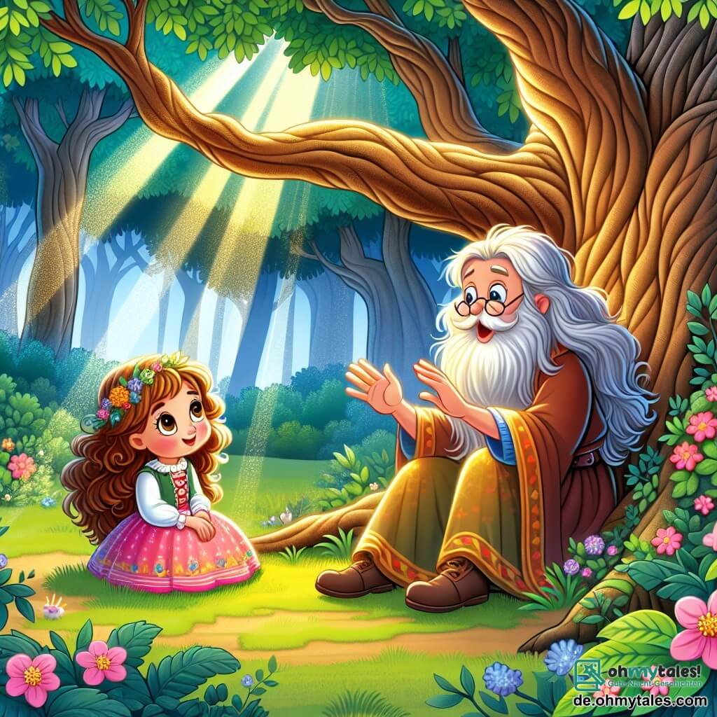Une illustration sous forme de dessin destinée aux enfants représentant une clairière enchantée au cœur d'une forêt verdoyante, où une petite fille de 3 ans aux cheveux bouclés et aux yeux pétillants, vêtue d'une robe colorée, s'assoit contre un grand arbre aux branches majestueuses, écoutant attentivement un vieux sage en bois, dont la texture de l'écorce est riche et détaillée, alors qu'il lui raconte une histoire magique sur l'importance de la gentillesse et de l'amitié, entourés de fleurs éclatantes et de rayons de soleil filtrant à travers les feuilles.