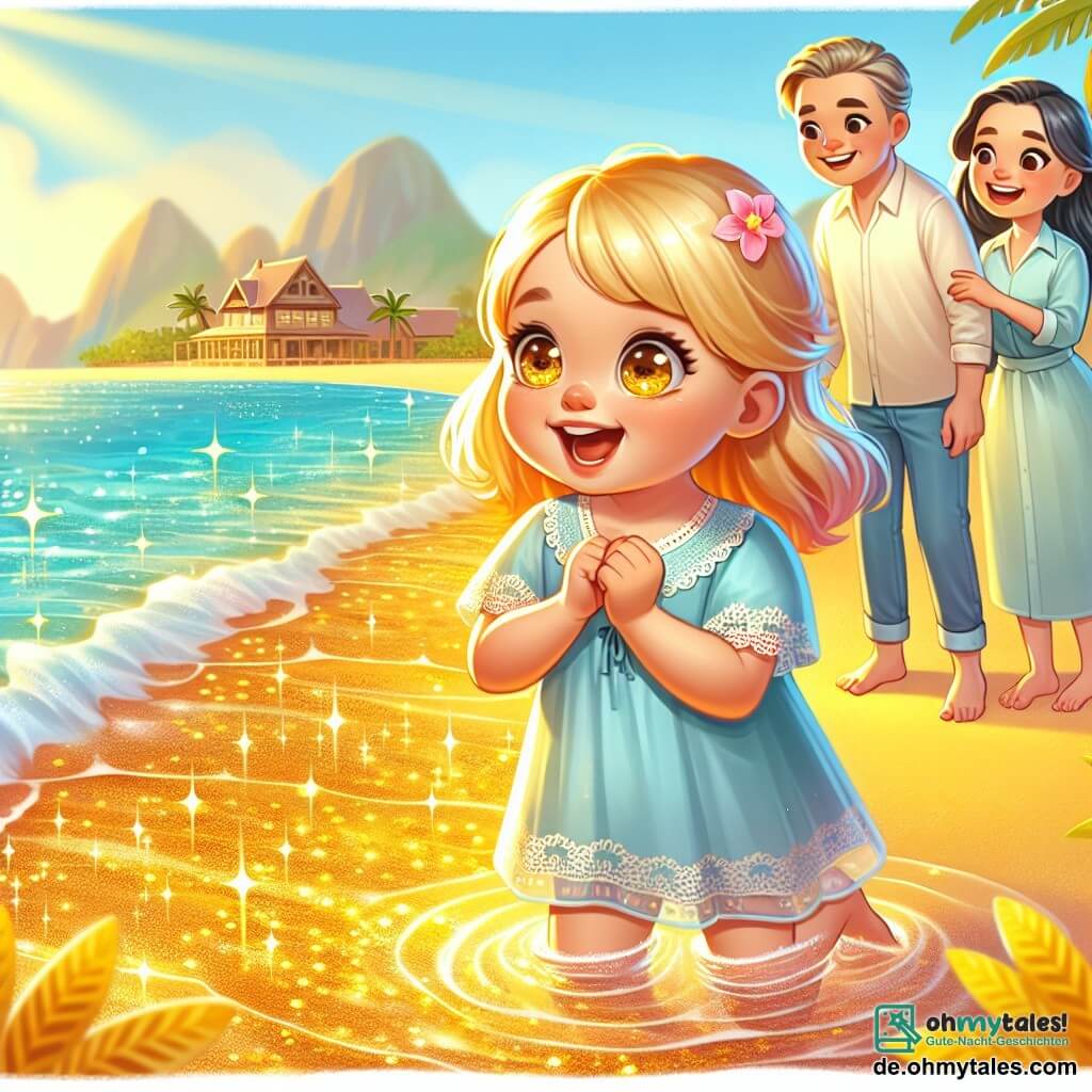 Une illustration destinée aux enfants représentant une petite fille émerveillée par la beauté du sable doré et de l'eau scintillante d'un magnifique plage, accompagnée de ses parents qui sourient avec bonheur.