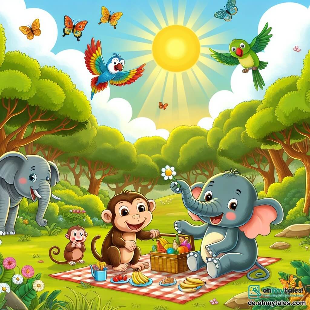 Une illustration destinée aux enfants représentant un petit singe malicieux en train d'organiser un pique-nique avec ses amis, un perroquet bavard et un éléphant joyeux, sur une grande clairière ensoleillée du jungle luxuriant, où des papillons colorés virevoltent et des oiseaux chantent gaiement.