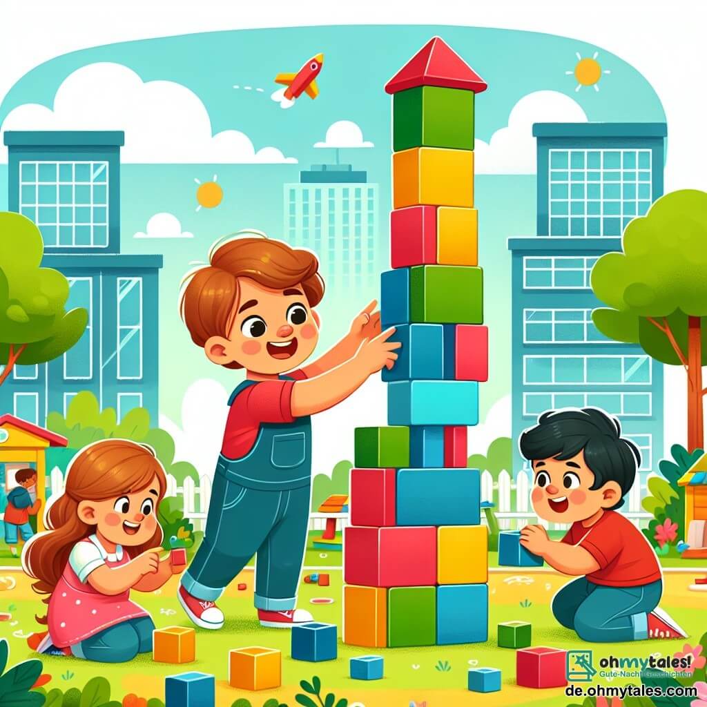 Une illustration destinée aux enfants représentant un petit garçon joyeux jouant avec ses amis dans un jardin d'enfants coloré, où une fillette et un autre garçon construisent ensemble une grande tour en blocs de construction.