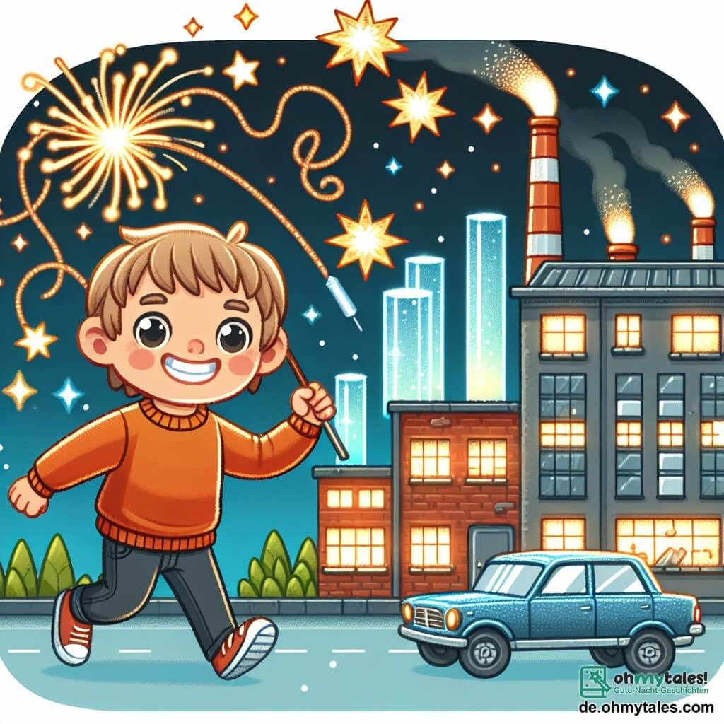 Une illustration destinée aux enfants représentant un garçon énergique, un petit feux d'artifice espiègle, et une ancienne fabrique scintillante décorée de lumières chatoyantes, le tout se déroulant dans une ville festive en préparation pour le nouvel an.