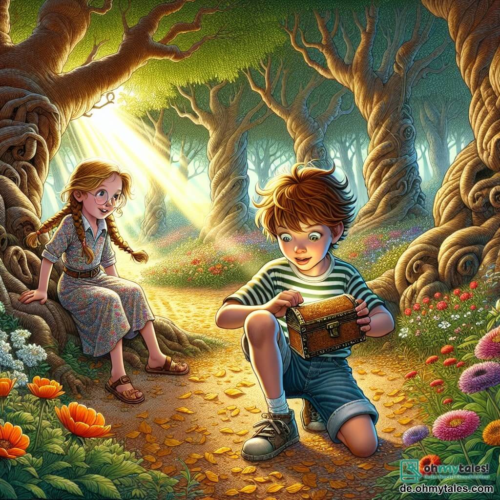 Illustration eines geheimnisvollen alten Parks mit großen, knorrigen Bäumen und leuchtend grünen Blättern. In der Mitte umgibt eine kleine Lichtung bunte Blumen, die im Wind tanzen, während ein sanfter Sonnenstrahl durch die Äste bricht und den mit goldenen Blättern bedeckten Boden erleuchtet. Ein 9-jähriger Junge mit zerzausten kastanienbraunen Haaren und neugierigen Augen steht im Vordergrund. Er trägt ein gestreiftes T-Shirt und eine Jeansshorts mit abgetragenen Turnschuhen. Er hockt und untersucht aufmerksam eine rostige Metallbox, die er entdeckt hat, mit einem aufgeregten Lächeln im Gesicht. Neben ihm steht ein weiteres Kind, ein etwa 9-jähriges Mädchen mit langen, geflochtenen blonden Haaren und runden Brillen, das die Box mit Staunen betrachtet. Sie trägt ein Blumenkleid und Sandalen und hält ein kleines Notizbuch in den Händen, bereit, ihre Entdeckungen festzuhalten. Die Szene fängt den Moment ein, in dem die beiden Freunde, umgeben von der wilden Schönheit des Parks, einen verborgenen Schatz entdecken, der ihren Abenteuergeist symbolisiert. Bunte Schmetterlinge fliegen um sie herum und verleihen der Atmosphäre einen magischen Touch. Im Hintergrund sieht man einen neugierigen, zotteligen Hund, der sie freundlich beobachtet und bereit ist, sie auf ihrer Suche zu begleiten.