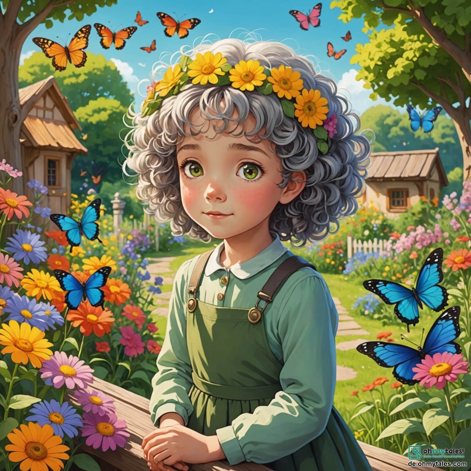 Une illustration destinée aux enfants représentant une petite fille aux cheveux bouclés et aux yeux pétillants, qui se tient au milieu d'un jardin coloré rempli de fleurs éclatantes et de papillons virevoltants, s'inquiétant de la diminution des fleurs sous le soleil éclatant, tandis qu'un vieux sage aux cheveux argentés, assis sur un banc en bois, lui explique l'importance de protéger la nature dans leur village verdoyant, entouré d'un grand et mystérieux bois aux arbres majestueux et aux chants d'oiseaux mélodieux.