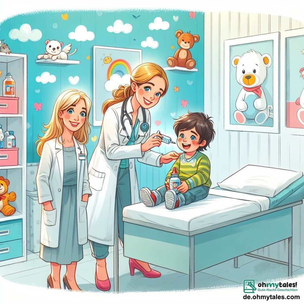 Une illustration sous forme de dessin destinée aux enfants représentant une salle de consultation médicale lumineuse et colorée, avec des murs décorés de dessins d'animaux et de nuages, où une femme médecin souriante, portant un stéthoscope autour du cou et un blouson blanc, examine un petit garçon aux cheveux bruns et aux joues roses, qui est assis sur une table d'examen et tient un flacon de sirop dans sa main, tandis que sa maman, une femme aux cheveux longs et blonds, regarde avec un sourire rassurant, le tout dans une ambiance chaleureuse et amicale, illustrant le moment où le médecin aide le garçon à se sentir mieux.