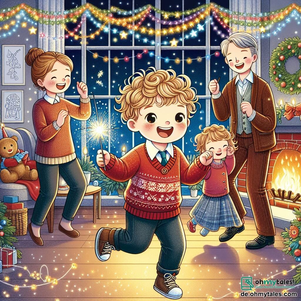 Une illustration sous forme de dessin destinée aux enfants représentant un salon chaleureux décoré pour le Nouvel An, avec un garçon de 3 ans aux cheveux blonds et bouclés, portant un pull rouge, sautillant de joie en tenant une merveilleuse Wunderkerze qui scintille, tandis que sa maman, une femme souriante aux cheveux bruns attachés en chignon, et son papa, un homme grand avec une barbe légère, dansent joyeusement autour de lui, tous illuminés par des guirlandes colorées et des étoiles brillantes à l'extérieur, créant une atmosphère festive et magique.