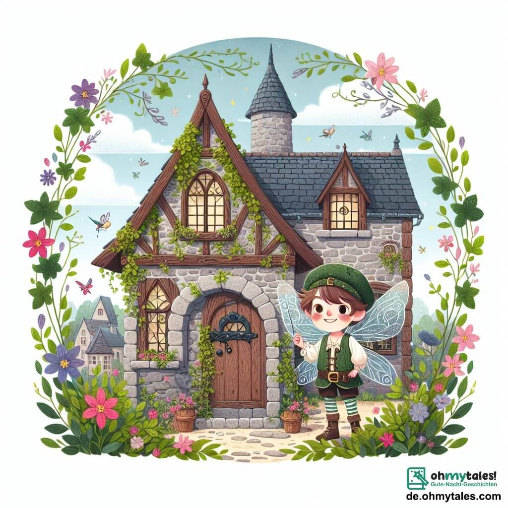 Une illustration destinée aux enfants représentant un jeune garçon intrépide, une fée lumineuse, et un mystérieux Zauberladen aux murs de pierre couverts de lierre et de fleurs enchantées, situé au cœur de la petite ville de Wunderland.