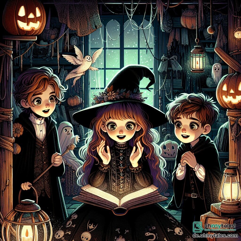 Illustration einer magischen Halloween-Szene in einem dunklen, geheimnisvollen Raum, gefüllt mit seltsamen Gegenständen und Festdekorationen. Spinnweben hängen von den Ecken der Decke, und Kürbislaternen erhellen den Raum mit einem warmen, flackernden Licht. Im Mittelpunkt steht ein 11-jähriges Mädchen mit langen braunen Haaren und neugierigen Augen, das ein Hexenkostüm mit einem schwarzen spitzen Hut und einem Kleid mit Fledermausmotiven trägt. Sie kauert und hält ein altes, offenes Buch vor sich, ihre Augen weit aufgerissen vor Staunen, als hätte sie ein magisches Geheimnis entdeckt. Neben ihr stehen zwei Freunde: ein 11-jähriger Junge mit zerzausten blonden Haaren und einem schelmischen Lächeln, der als Vampir mit einem schwarzen Umhang und spitzen Zähnen verkleidet ist und fasziniert auf das Buch schaut. Die andere Freundin, ein 10-jähriges Mädchen mit geflochtenen roten Haaren und einem Gespensterkostüm, steht etwas im Hintergrund mit den Händen in den Hüften und zeigt einen Ausdruck, der sowohl neugierig als auch ein wenig besorgt ist. Die Hauptsituation zeigt die Kinder, die eine alte Kiste voller magischer Gegenstände entdecken, während ein sanftes Licht aus dem Inneren der Kiste ihre staunenden Gesichter erhellt. Funkelnde Sterne schweben in der Luft und verleihen der Atmosphäre einen Hauch von Magie.
