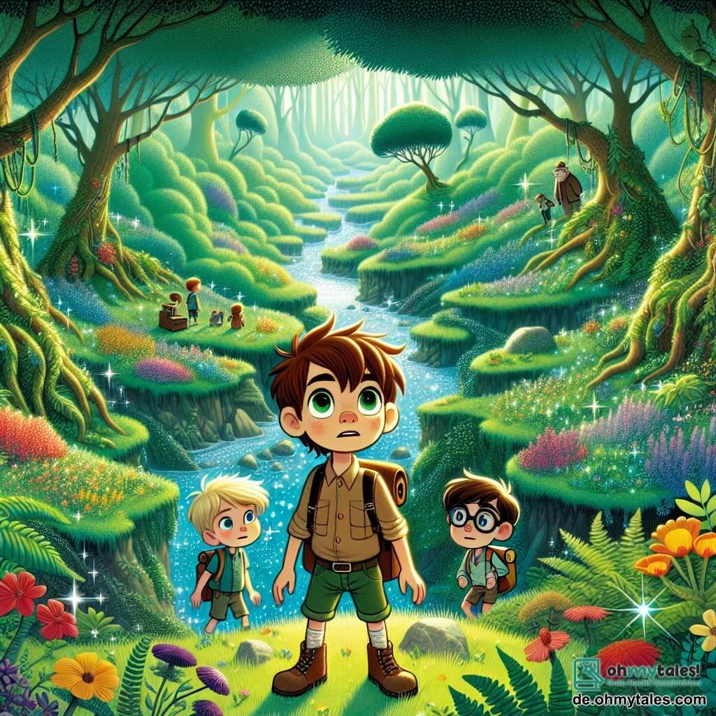 Une illustration sous forme de dessin destinée aux enfants représentant un vaste et mystérieux vallon verdoyant, avec un jeune garçon aux cheveux châtains et aux yeux pétillants, portant un sac à dos rempli d'outils d'exploration, qui se tient avec détermination au bord d'un ruisseau scintillant, tandis que deux de ses amis, un garçon aux cheveux blonds et un autre avec des lunettes et des cheveux bruns, l'observent avec curiosité, tous trois prêts à découvrir les secrets cachés du lieu, entourés de fleurs colorées et de grands arbres majestueux, tandis qu'une légère brise fait danser les feuilles.