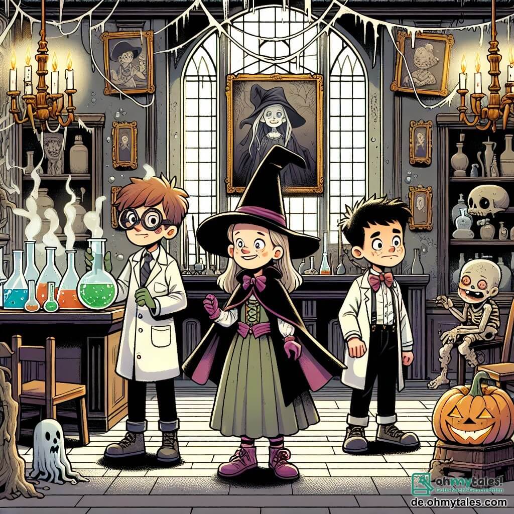 Une illustration destinée aux enfants représentant un garçon déguisé en savant fou, accompagné de ses amis, une fille déguisée en sorcière et un garçon déguisé en zombie, explorant un mystérieux laboratoire dans une maison hantée aux murs couverts de toiles d'araignée et aux chandeliers illuminant des tableaux anciens.