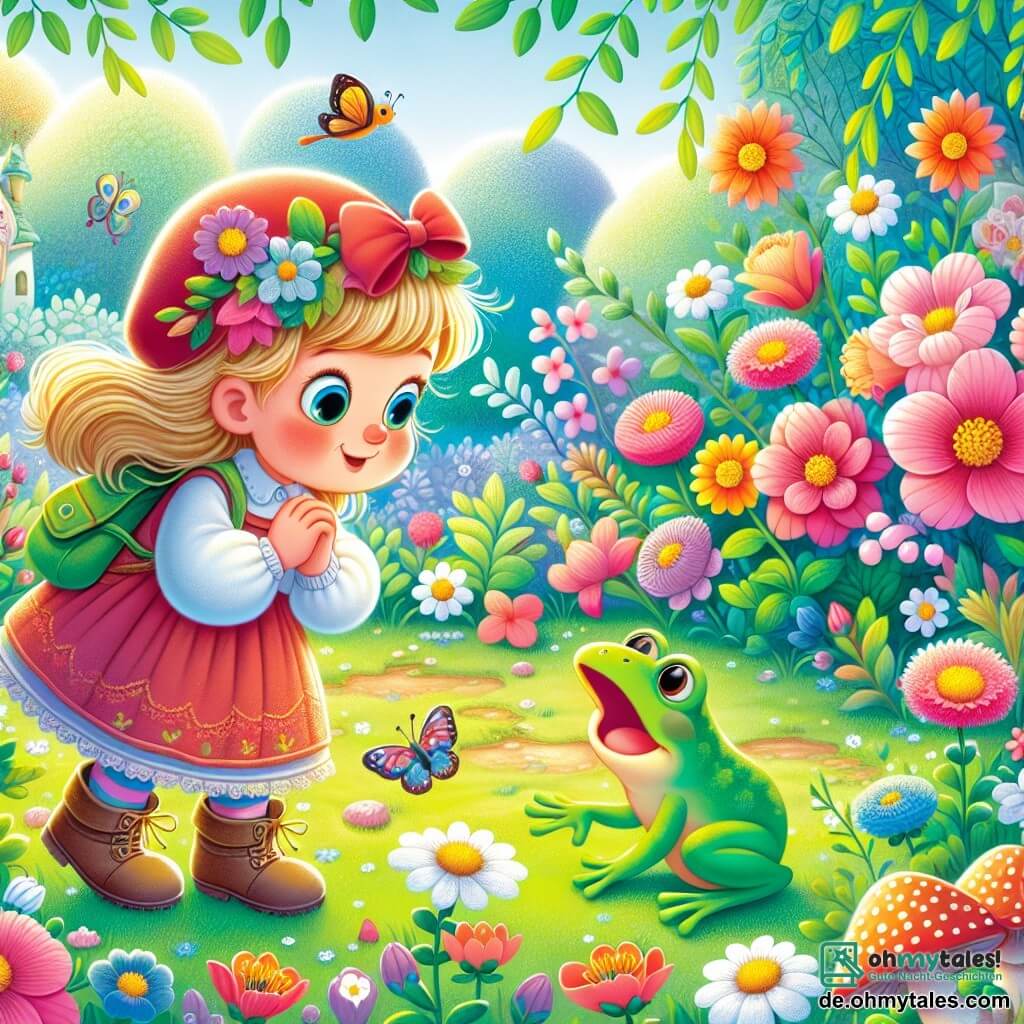 Une illustration destinée aux enfants représentant une fille émerveillée par les premiers signes du printemps, accompagnée d'une petite fröschin sautillante, dans un jardin enchanté aux couleurs vives et aux fleurs épanouies.