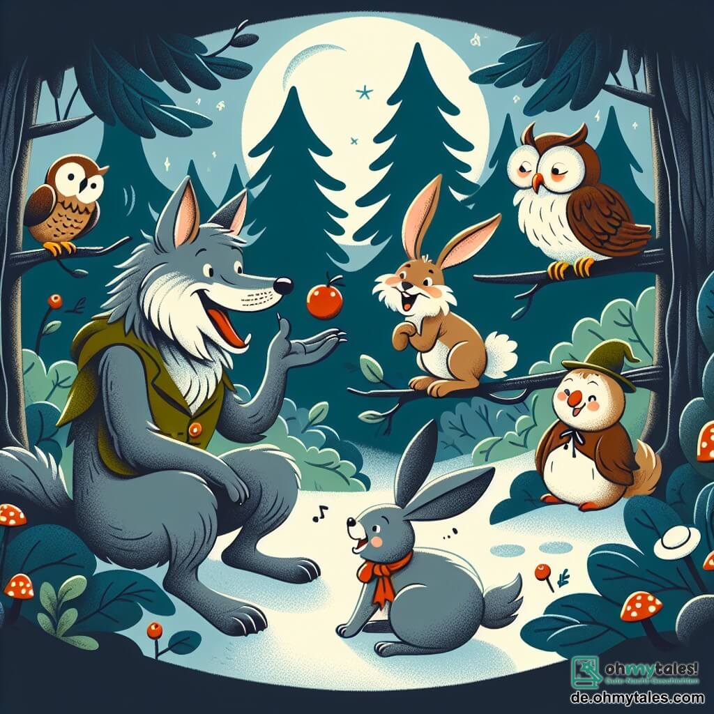 Une illustration destinée aux enfants représentant un loup malicieux racontant des blagues à ses amis animaux, accompagné d'un joyeux lapin et d'une sage chouette, dans une clairière enchantée du profond et mystérieux bois.