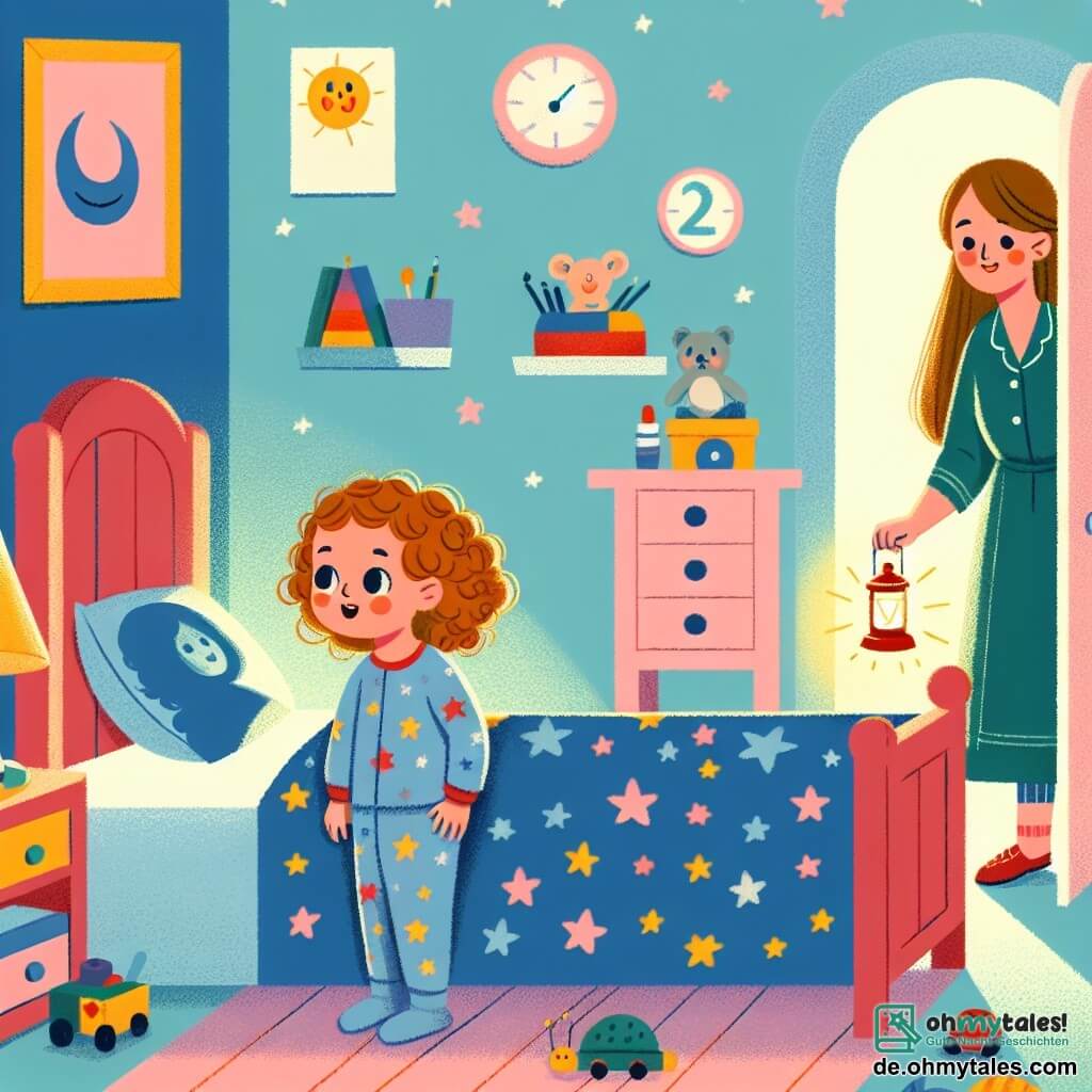 Une illustration sous forme de dessin destinée aux enfants représentant une chambre d'enfant chaleureuse, avec des murs peints en pastel et des jouets éparpillés, où une petite fille de 2 ans aux cheveux bouclés et aux yeux pétillants, portant un pyjama étoilé, se tient debout dans son lit, regardant avec curiosité et un peu d'inquiétude vers l'ombre dans le coin de la pièce, tandis que sa maman, une femme douce avec des cheveux longs et un sourire rassurant, entre dans la chambre en tenant une lampe allumée, illuminant doucement la scène et dissipant la peur du noir.