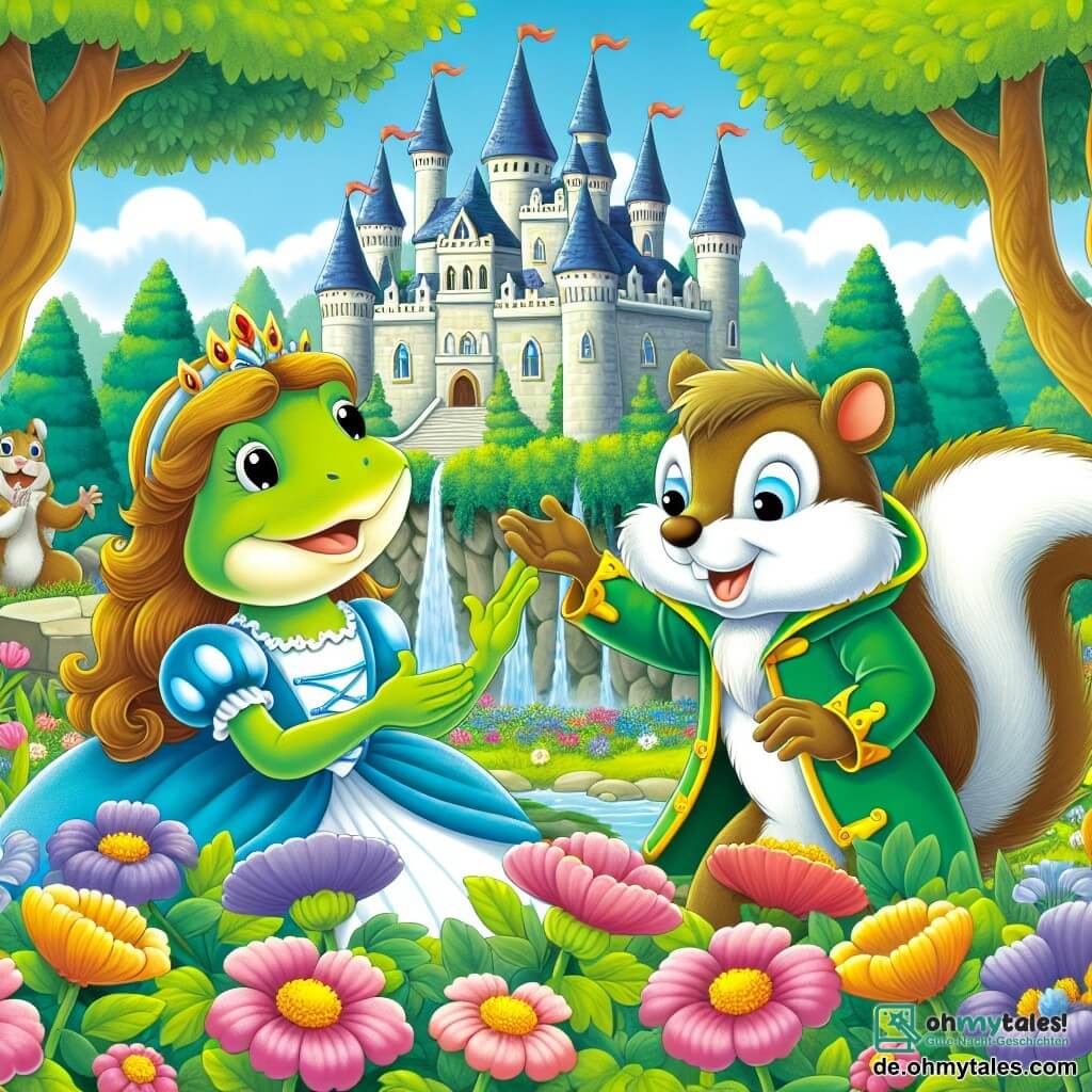 Une illustration destinée aux enfants représentant une jeune grenouille fille, accompagnée d'un malicieux écureuil garçon, découvrant un grand château enchanté entouré de hautes murailles, dans un magnifique et luxuriant jardin fleuri.