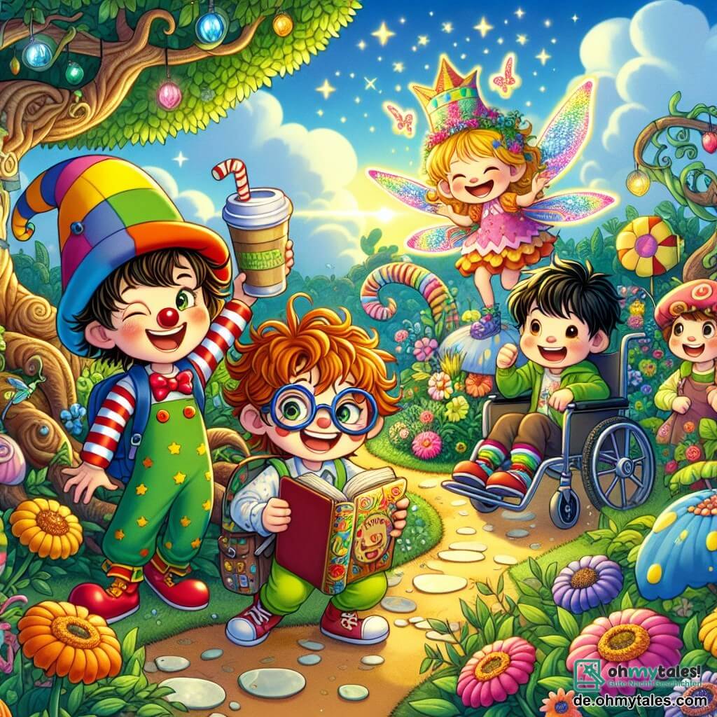 Illustration eines zauberhaften Gartens, gefüllt mit bunten Blumen und großen, verdrehten Bäumen, unter einem blauen Himmel mit flauschigen Wolken. In der Mitte steht ein etwa 8-jähriger Junge mit zerzausten braunen Haaren und einem schelmischen Lächeln, der einen bunten Clownshut trägt und ein großes Witzbuch hält. Neben ihm lacht ein 7-jähriger Junge mit runden Brillen und blonden Haaren, der eine riesige Kaffeetasse hält. Ein dritter Junge, 9 Jahre alt, mit schwarzen Haaren und einem entschlossenen Gesichtsausdruck, sitzt in einem mit bunten Mustern verzierten Rollstuhl, bereit, die Action voranzutreiben. Schließlich schwebt eine kleine, funkelnde Fee, kaum größer als eine Hand, in der Luft, mit glänzenden, durchsichtigen Flügeln, lacht und zaubert magische Funken. Die Szene fängt den Moment ein, in dem die Freunde, bewaffnet mit ihren Witzen und ihrem Humor, sich darauf vorbereiten, den lustigen Kreaturen, den „Schlafmützen“, zu begegnen, die um sie herumtanzen und eine fröhliche, lebendige Atmosphäre schaffen.