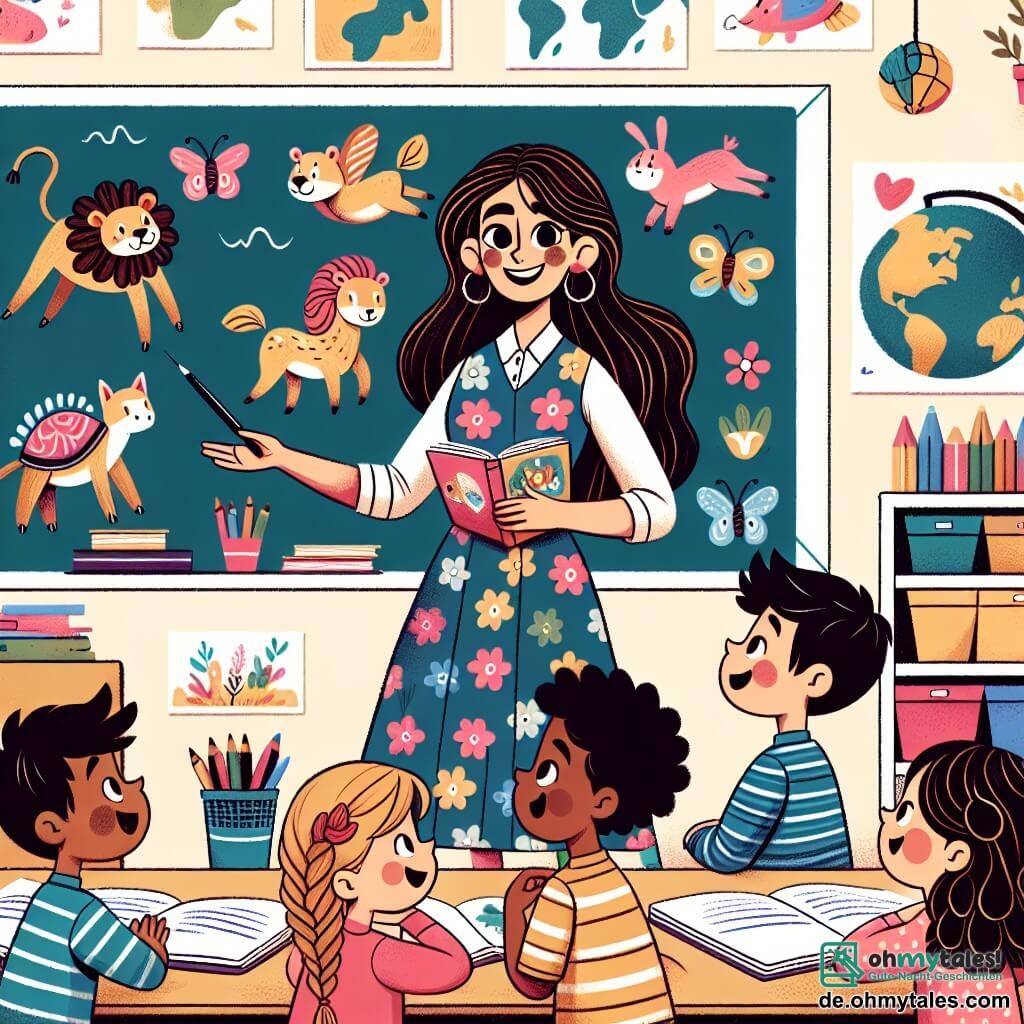 Une illustration sous forme de dessin destinée aux enfants représentant une salle de classe colorée avec des murs ornés de dessins d'animaux et de cartes du monde, où une institutrice souriante, une femme aux longs cheveux bruns et portant une robe fleurie, se tient devant un tableau noir en expliquant avec enthousiasme un livre sur les animaux, tandis que des enfants de différents âges, dont un garçon avec une casquette rouge et une fille aux cheveux en tresses, l'écoutent attentivement, les yeux brillants d'excitation, entourés de livres ouverts et de crayons colorés sur leurs pupitres.