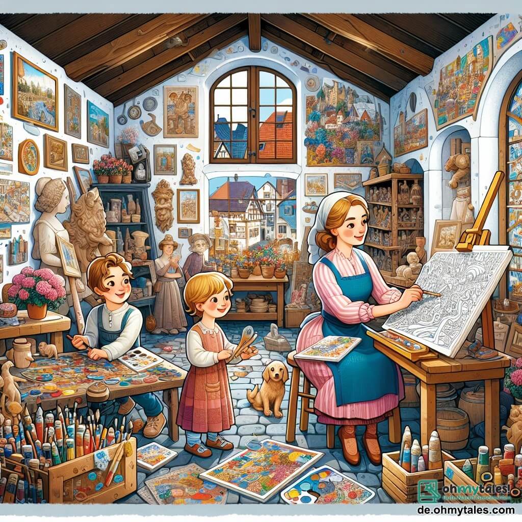Une illustration destinée aux enfants représentant une artiste femme talentueuse, accompagnée d'une fille et d'un garçon curieux, dans un atelier coloré rempli de peintures, sculptures et mosaïques éblouissantes, situé dans la petite ville de Buntlingen.
