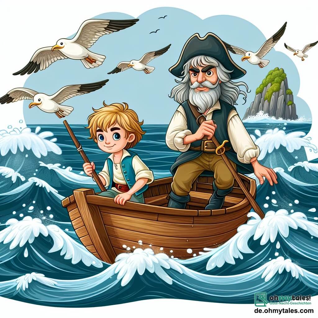 Une illustration destinée aux enfants représentant un jeune garçon intrépide, accompagné d'un vieux marin au regard malicieux, naviguant sur un bateau de bois au milieu des vagues tumultueuses de la mer, avec des mouettes planant dans le ciel et une île mystérieuse à l'horizon, évoquant ainsi les histoires de pirates les plus captivantes.