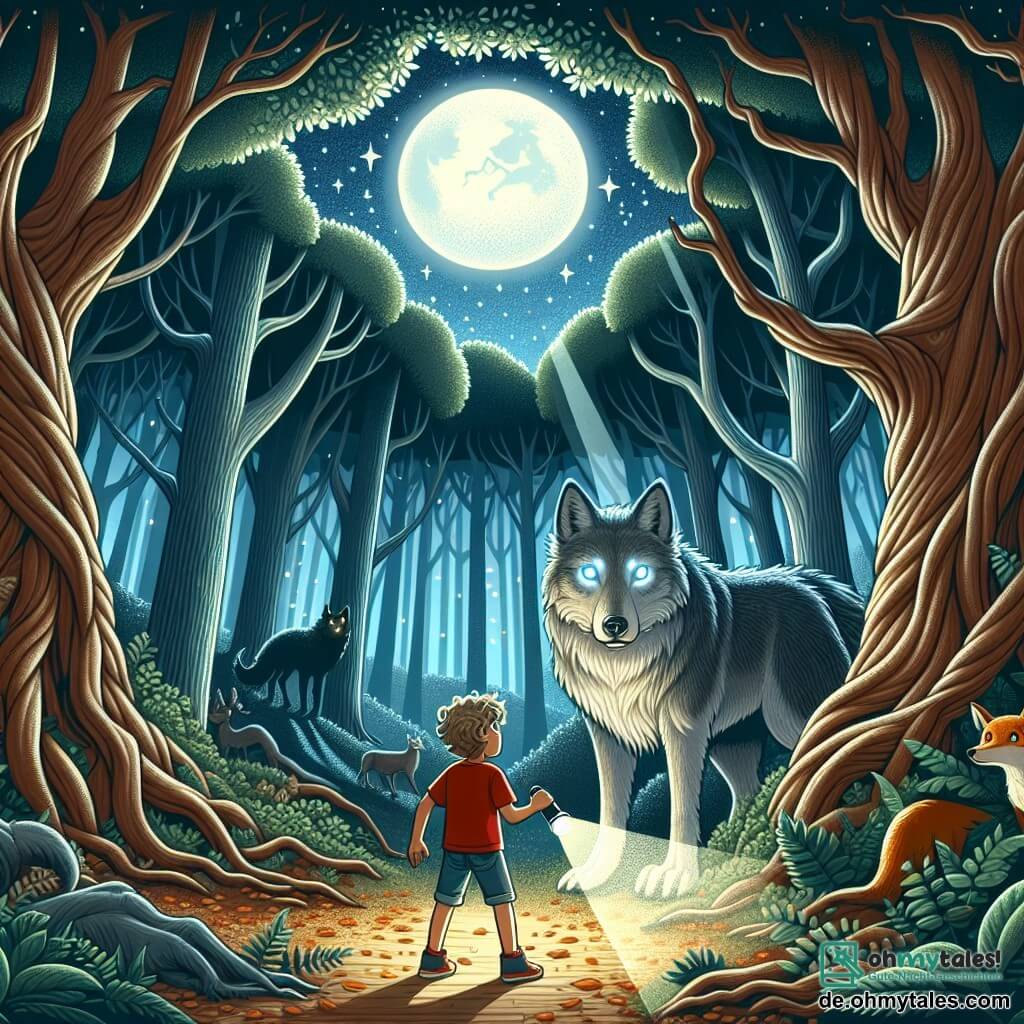 Illustration einer Szene in einem verwunschenen Wald, wo große, dicke und knorrige Bäume in einen sternenklaren Himmel ragen. Mondstrahlen filtern durch das dichte Laub und erzeugen tanzende Schatten auf dem mit goldenen Blättern bedeckten Boden. Im Mittelpunkt des Bildes steht ein 11-jähriger Junge mit lockigem, hellbraunem Haar, der ein rotes T-Shirt und eine Jeansshorts trägt. Sein Gesicht drückt sowohl Entschlossenheit als auch Staunen aus, während er mutig vor einer großen Silhouette steht. In einer Hand hält er eine Taschenlampe, die den Weg vor ihm erhellt. Gegenüber steht ein großer grauer Wolf mit leuchtenden, durchdringenden Augen majestätisch da. Er wirkt sowohl mächtig als auch traurig, als suche er nach Hilfe. Im Hintergrund verstecken sich Silhouetten von Tieren, wie ein kleiner Fuchs und ein Reh, hinter den Bäumen und beobachten neugierig die Szene. Die Hauptsituation zeigt den Jungen, der bereit ist, dem Wolf gegenüberzutreten, der nicht das Monster ist, das man ihm beschrieben hat, sondern ein Wesen auf der Suche nach Freundschaft und Verständnis. Die Atmosphäre ist sowohl angespannt als auch hoffnungsvoll, mit funkelnden Sternen, die der Szene einen magischen Touch verleihen.