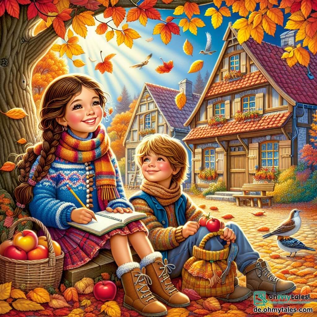 Illustration eines charmanten Dorfes im Herbst, mit Holzhäusern mit roten Dächern, umgeben von Bäumen mit leuchtend orange, gelben und roten Blättern. In der Mitte sitzt ein 11-jähriges Mädchen mit langen braunen Haaren und Zöpfen, das einen blauen Wollpullover und einen bunten Schal trägt. Sie sitzt auf einer Holzbank, umgeben von Laub, mit einem strahlenden Lächeln im Gesicht, hält ein kleines Notizbuch und einen Bleistift in der Hand, bereit, ihre Gedanken über die Schönheit des Herbstes aufzuschreiben. Neben ihr beobachtet ein 12-jähriger Junge mit zerzausten blonden Haaren und einer Wollmütze, fasziniert die fallenden Blätter, während er einen kleinen Sack mit Äpfeln hält. Die Szene strahlt eine fröhliche und warme Atmosphäre aus, mit Sonnenstrahlen, die durch die Äste filtern, die Gesichter der Kinder erhellen und tanzende Schatten auf den Boden werfen. Vögel fliegen am blauen Himmel und verleihen diesem friedlichen Moment der herbstlichen Inspiration Leben.
