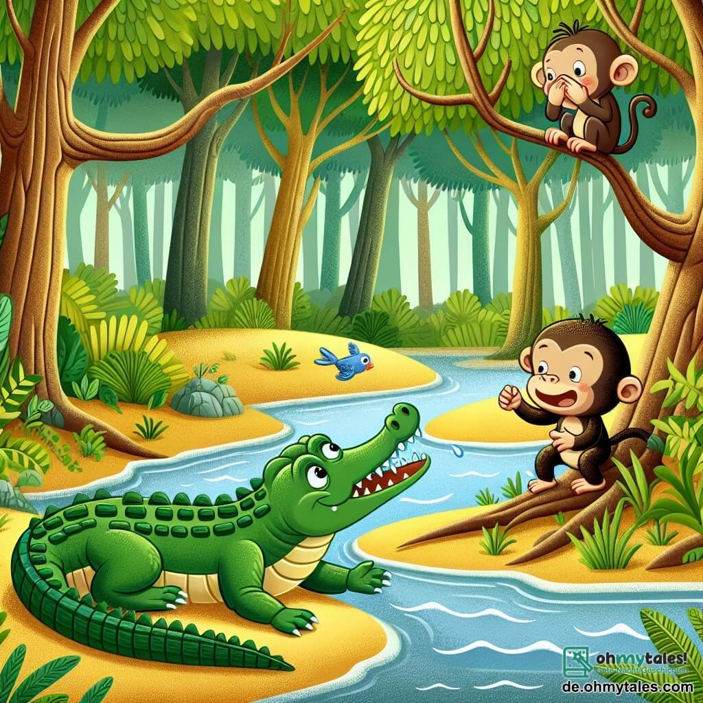Une illustration destinée aux enfants représentant un crocodile garçon, amical et curieux, rencontrant un petit singe garçon pleurant dans les branches d'un arbre, au bord d'un flot clair et entouré de grands arbres verdoyants dans la forêt dense de l'Afrique.