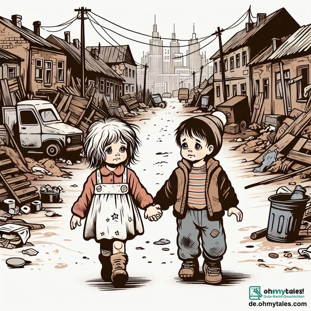 Une illustration destinée aux enfants représentant une petite fille aux cheveux en bataille, vêtue de vêtements usés, tenant la main d'un garçon aux yeux tristes, marchant le long d'une route poussiéreuse bordée de maisons en ruine et de poubelles, dans un quartier pauvre et délabré d'une grande ville.