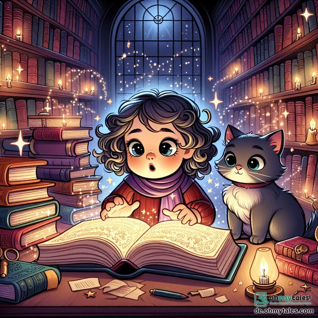 Une illustration sous forme de dessin destinée aux enfants représentant une bibliothèque sombre et mystérieuse, avec des étagères remplies de livres anciens, au centre une petite fille de 1 an aux cheveux bouclés et aux yeux pétillants, qui ouvre un grand livre scintillant sur une table, tandis qu'à ses côtés, un petit chat gris aux yeux curieux observe attentivement, tous deux plongés dans une aventure de détection, entourés de lumières douces et d'étoiles brillantes qui illuminent la scène.