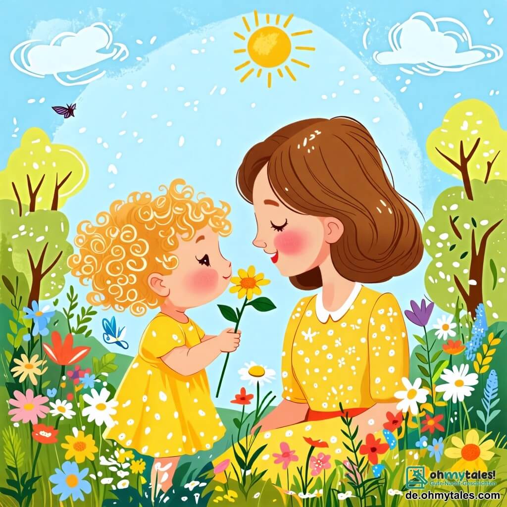 Une illustration sous forme de dessin destinée aux enfants représentant un jardin en plein printemps, rempli de fleurs colorées et de verdure, où une petite fille de 2 ans aux cheveux bouclés et blonds, vêtue d'une robe jaune, sent une fleur avec émerveillement, tandis qu'à côté d'elle, sa maman, une femme souriante aux cheveux châtains, observe avec tendresse, le tout sous un ciel bleu ensoleillé, symbolisant la joie et la beauté de la saison.