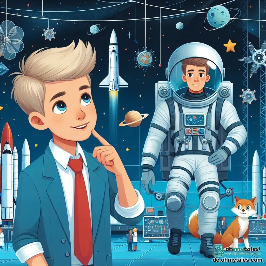 Une illustration destinée aux enfants représentant un jeune garçon passionné par le cosmos, accompagné d'un astronaute bienveillant, explorant un centre spatial futuriste rempli de gigantesques fusées et d'équipements de haute technologie.