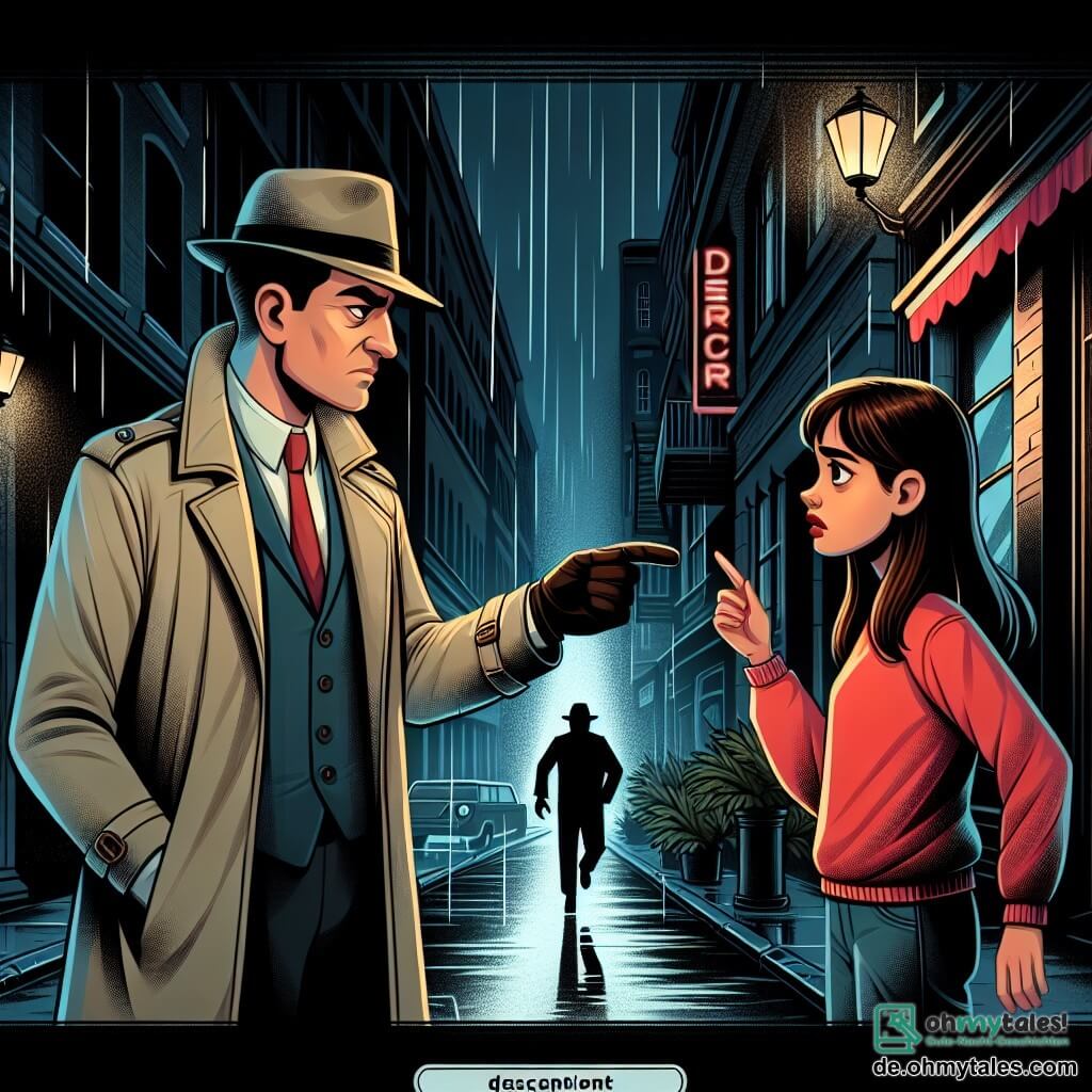 Une illustration sous forme de dessin destinée aux enfants représentant une scène nocturne dans une ruelle sombre et pluvieuse de la ville, où un homme détective au trench-coat beige et au chapeau fedora, avec une expression déterminée sur le visage, interroge une jeune femme aux cheveux bruns et aux yeux inquiets, vêtue d'un pull rouge, qui pointe du doigt un mystérieux homme à la silhouette sombre s'éloignant rapidement, tandis qu'une lueur de néon d'un bar illumine la scène, créant une atmosphère de suspense et d'aventure.