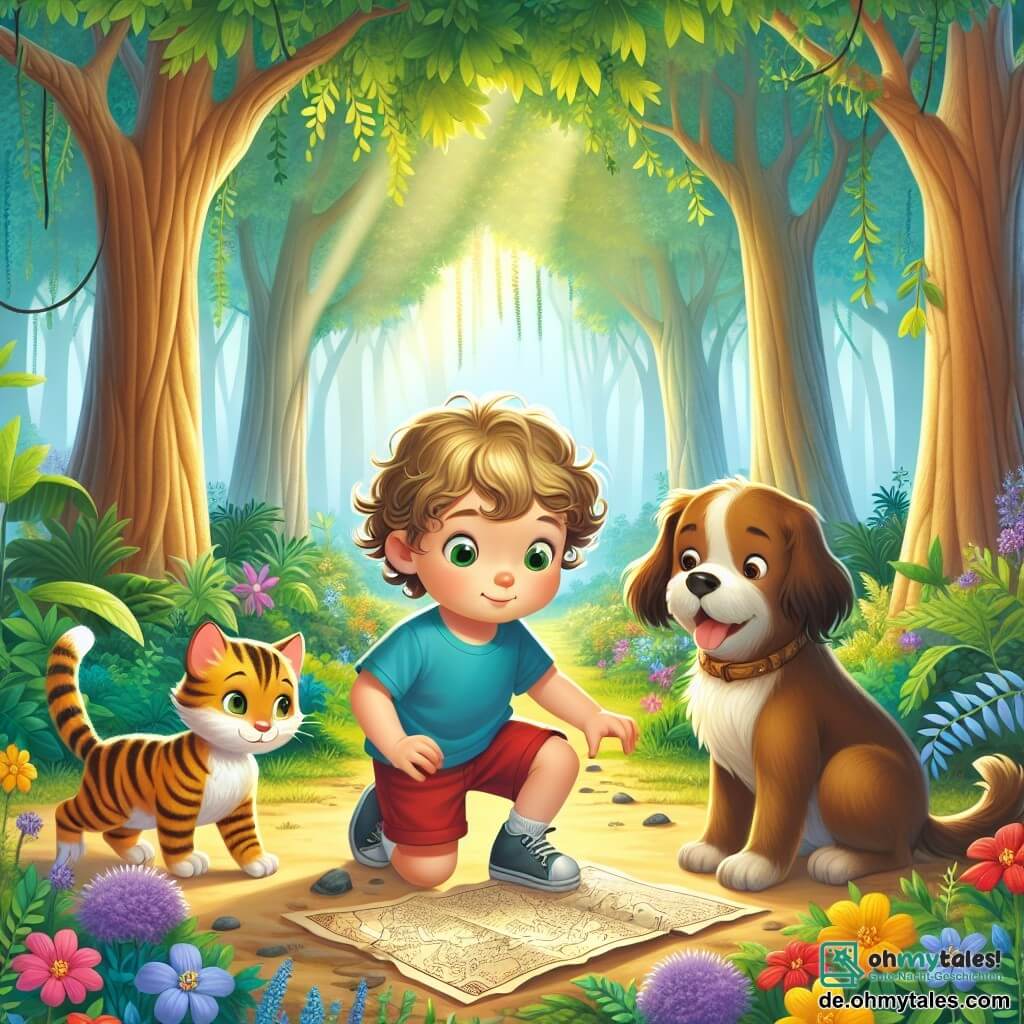 Eine Illustration zeigt eine magische Szene in einem grünen Wald, wo große, dicke Bäume in den Himmel ragen und ihre Blätter ein sanftes Lichtdach bilden. Am Boden blühen farbenfrohe Blumen und verleihen dem natürlichen Bild violette, gelbe und rote Akzente. Im Mittelpunkt des Bildes kniet ein 3-jähriger Junge mit lockigem, goldenem Haar, der ein blaues T-Shirt und eine rote Shorts trägt. Er hat leuchtende Augen vor Aufregung und hält eine alte Karte in seinen kleinen Händen. Sein Gesicht drückt Neugier und Staunen aus, während er den Boden nach Hinweisen absucht. Neben ihm beobachtet eine süße, gestreifte Katze mit großen grünen Augen aufmerksam ihren Freund, bereit, ihm bei seiner Suche zu helfen. Ein brauner Hund mit hängenden Ohren und fröhlich wedelndem Schwanz steht in der Nähe und bellt leise, als wolle er den Jungen ermutigen. Die Hauptsituation zeigt den Jungen bei seiner Erkundung, umgeben von seinen treuen Begleitern, während sie eine geheimnisvolle Schatzkarte entdecken. Zusätzliche grafische Elemente umfassen einen kleinen Kompass auf dem Boden, Sonnenstrahlen, die durch die Blätter filtern, und einen leichten Nebel, der der Abenteueratmosphäre einen Hauch von Geheimnis verleiht.