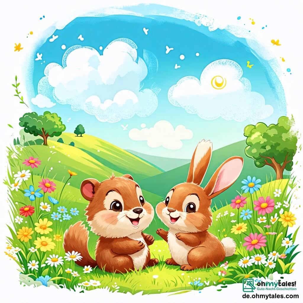 Une illustration sous forme de dessin destinée aux enfants représentant un joli et ensoleillé vallon verdoyant, avec une petite marmotte au pelage doux et brun, joyeusement allongée dans l'herbe, entourée de fleurs colorées, tandis qu'un frétillant lapin aux grandes oreilles blanches, avec un sourire éclatant, saute joyeusement à ses côtés, illustrant leur moment de jeu et de bonheur partagé sous un ciel bleu parsemé de nuages moelleux.