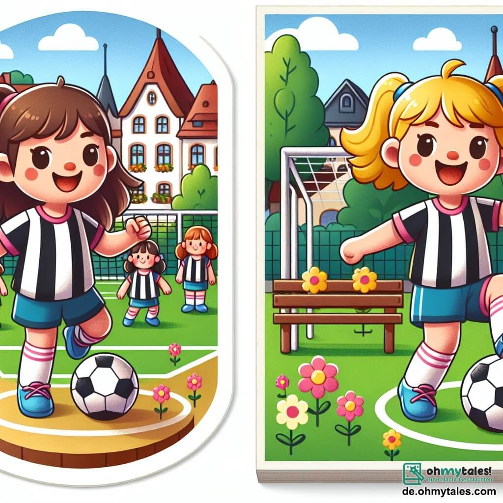 Une illustration destinée aux enfants représentant une jeune fille passionnée de football, accompagnée de sa meilleure amie, s'entraînant avec détermination sur un pittoresque terrain de jeu entouré de fleurs colorées dans la charmante ville de Blütenhausen.