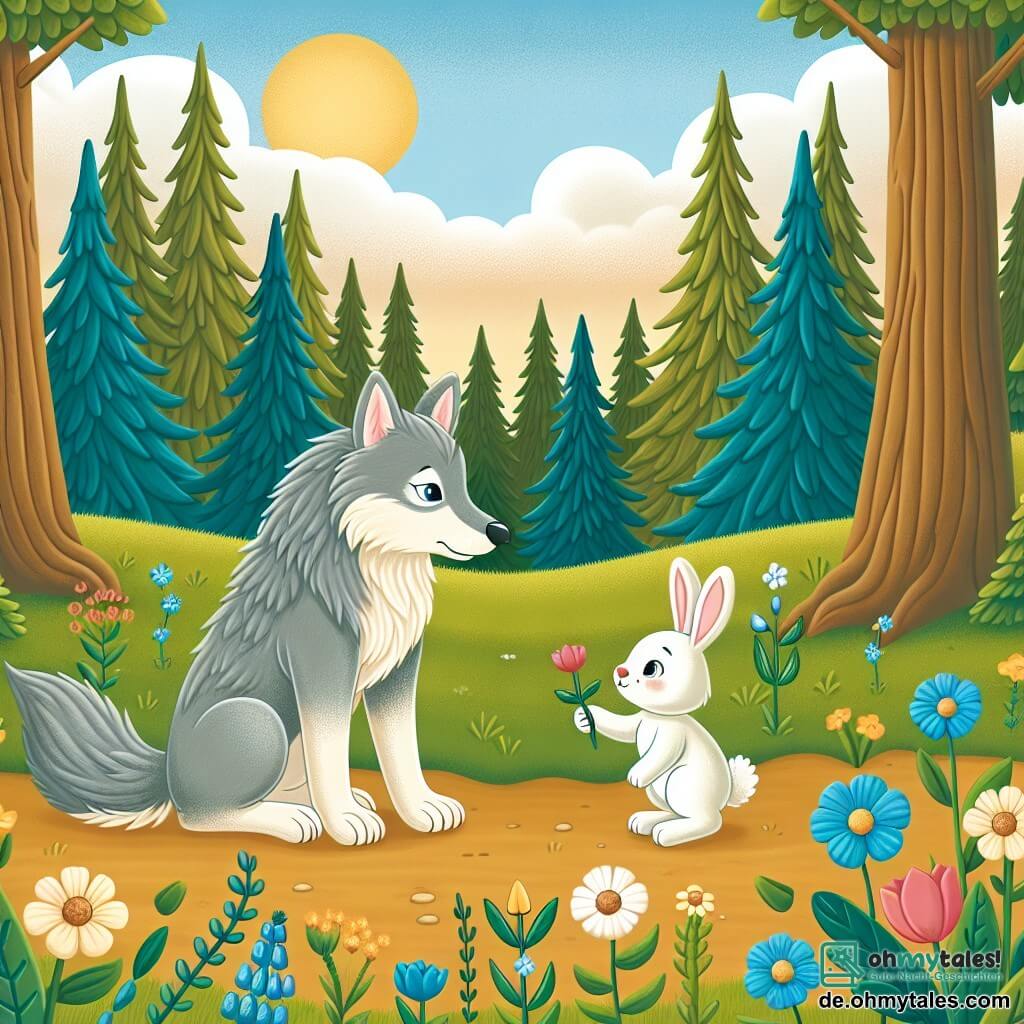 Une illustration destinée aux enfants représentant un loup au pelage argenté, solitaire et triste, rencontrant une petite lapine prénommée Hoppel, dans une clairière ensoleillée, entourée de fleurs sauvages et de grands arbres majestueux.