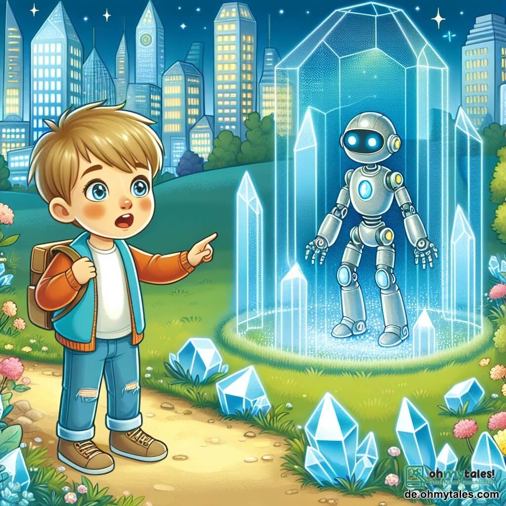 Une illustration destinée aux enfants représentant un petit garçon curieux vivant dans une ville futuriste aux bâtiments scintillants, faisant la découverte d'un hologramme de robot dans un parc plein de cristallins lumineux, avec qui il part à l'aventure à travers des dimensions fantastiques.