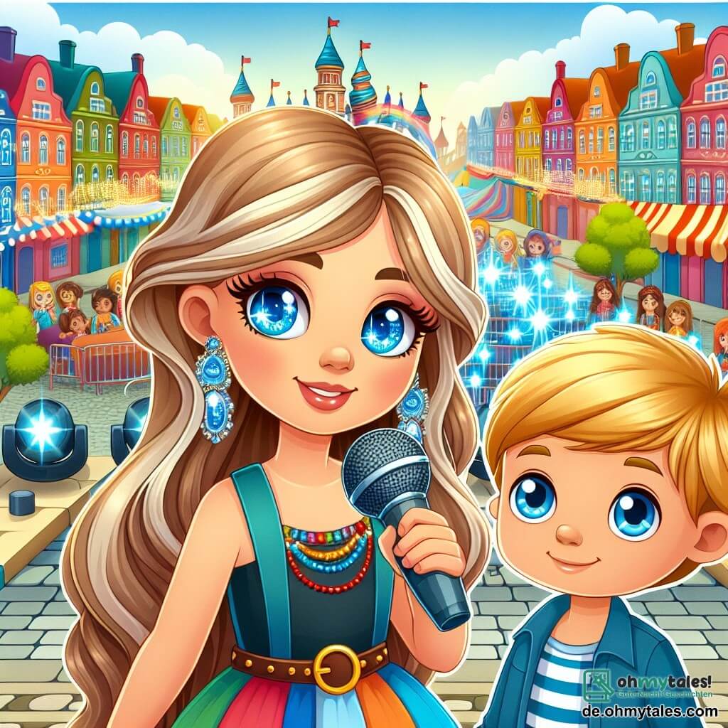 Une illustration destinée aux enfants représentant une jeune chanteuse talentueuse aux longs cheveux blonds et aux yeux bleus étincelants, accompagnée d'un petit garçon curieux, dans une rue colorée de la ville de Musiktal, où se prépare un grand festival de musique.