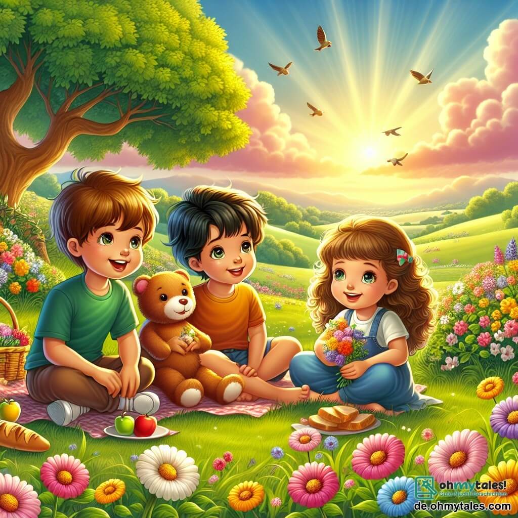 Illustration einer friedlichen Szene auf einem grünen Hügel, erleuchtet vom goldenen Licht der untergehenden Sonne. Im Vordergrund tanzt eine weite Wiese, übersät mit bunten Blumen, sanft im leichten Wind, während ein großer Baum mit üppigem Laub Schatten spendet. In dieser Szene sitzt ein etwa 8-jähriger Junge mit braunen Haaren und strahlenden Augen auf dem Gras, ein breites Lächeln im Gesicht. Neben ihm schaut ein etwa 7-jähriges Mädchen mit langen lockigen Haaren und glänzenden Augen fasziniert auf die Blumen. Ein kleiner Teddybär in Kindergröße sitzt zwischen ihnen mit einem sanften und neugierigen Ausdruck und hört aufmerksam zu. Die drei Freunde teilen ein fröhliches Picknick, umgeben von bunten Früchten und frischem Brot, während sie darüber diskutieren, was Glück ist. Der Himmel ist mit rosa und orangefarbenen Wolken geschmückt, was eine warme und magische Atmosphäre schafft. Vögel fliegen über ihnen und verleihen dieser ruhigen Szene einen Hauch von Leben.