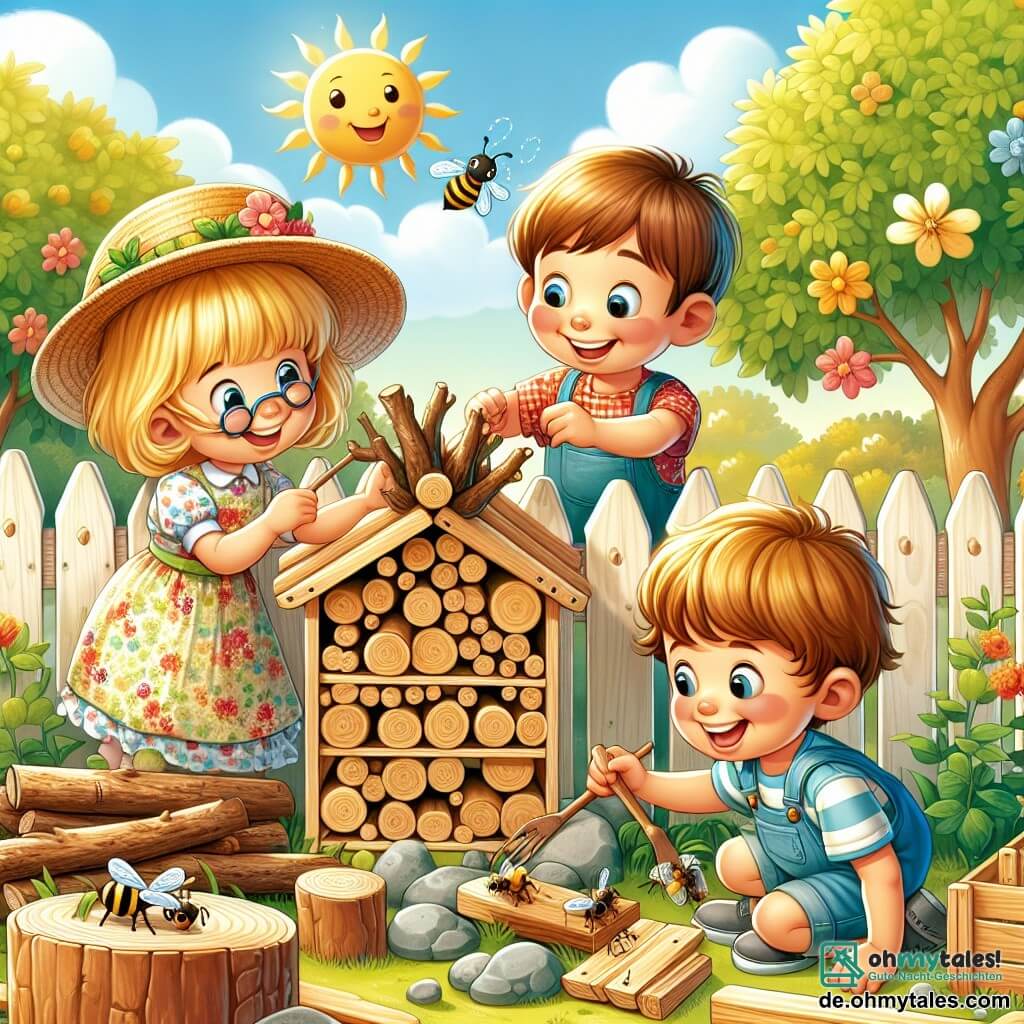 Une illustration sous forme de dessin destinée aux enfants représentant un jardin coloré et ensoleillé sur un petit fermier, où un groupe d'enfants de 3 ans, composé de deux garçons aux cheveux blonds et d'une fille aux cheveux bruns, s'affairent joyeusement à construire un insecte hôtel en empilant des branches, des pierres et des morceaux de bois, tandis qu'une petite abeille vole autour d'eux, symbolisant l'importance de la nature et de l'écologie.