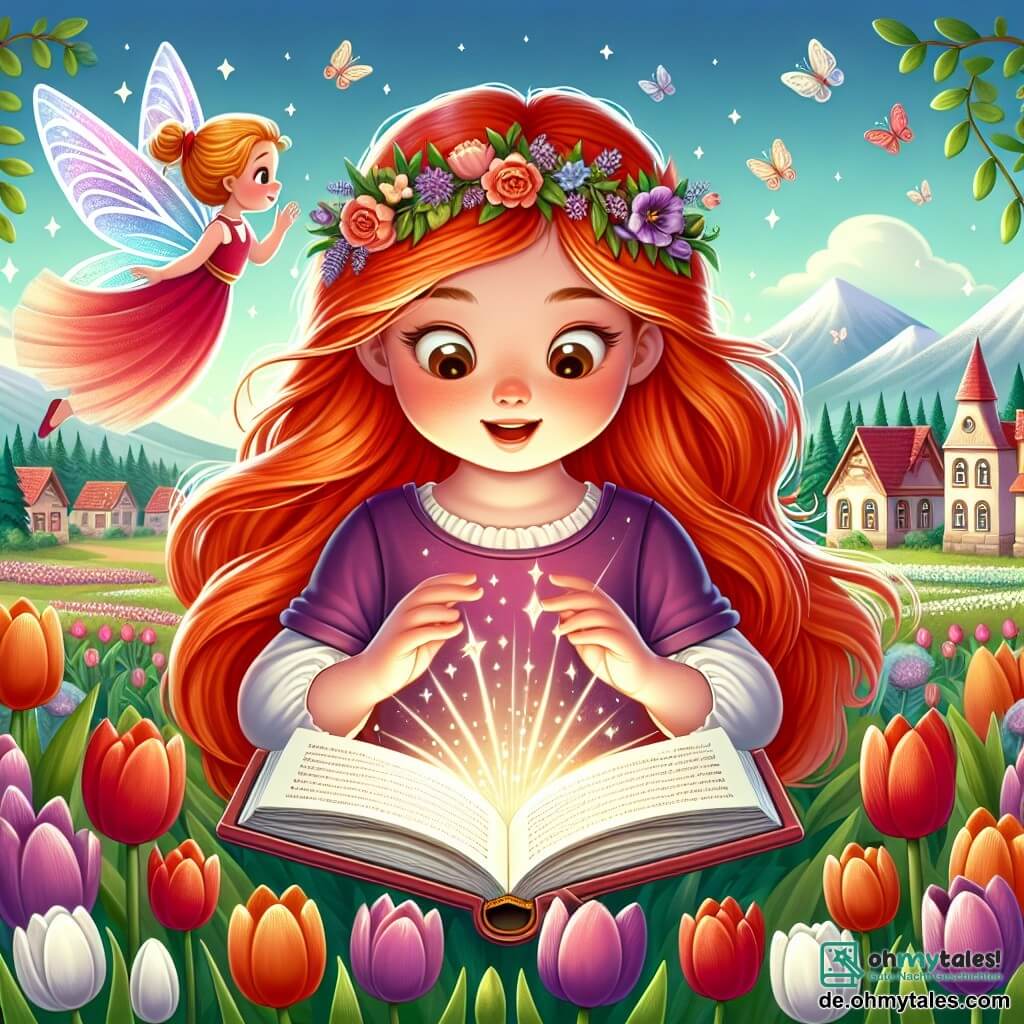 Une illustration destinée aux enfants représentant une jeune fille aux cheveux roux éclatants découvrant un livre magique dans un jardin fleuri, accompagnée d'une lumineuse fée ailée, dans le paisible village d'Amethystia entouré de tulipes et de montagnes lointaines.